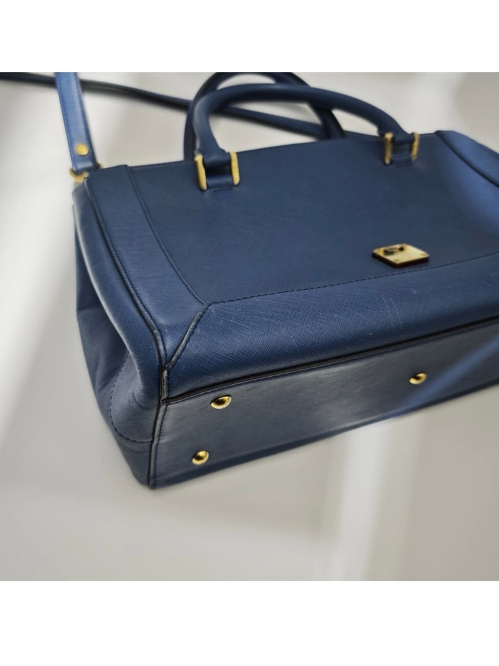 MCM Blue Leather Structured Top-Handle Satchel with Gold Hardware - Picture 7 of 10